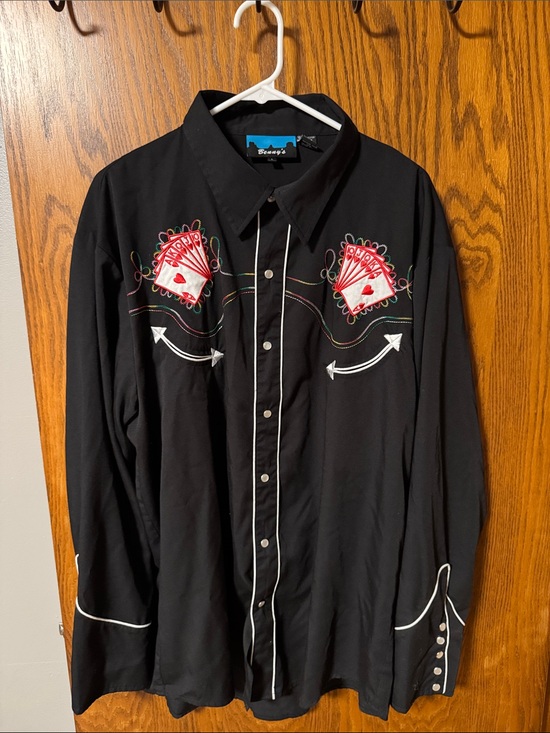 None Other - Black Western-Style Button-Down Shirt with Red Card Embroidery